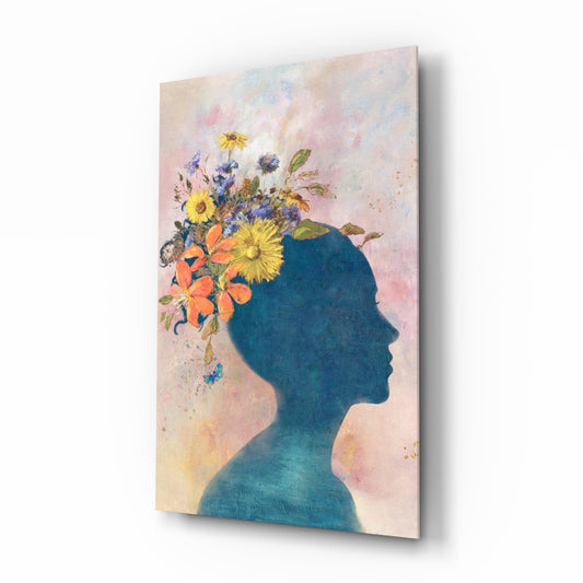 Floral Head Blue Silhouette Glass Wall Art