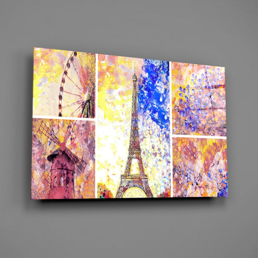 Paris Landmarks Watercolor Collage Glass Wall Art