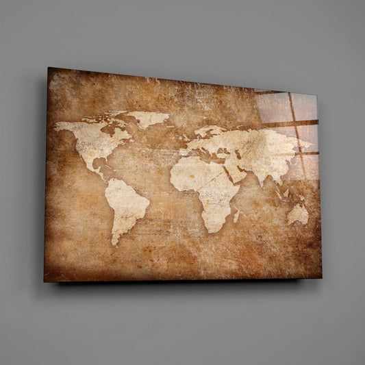 Rustic Brown Parchment World Map Glass Wall Art