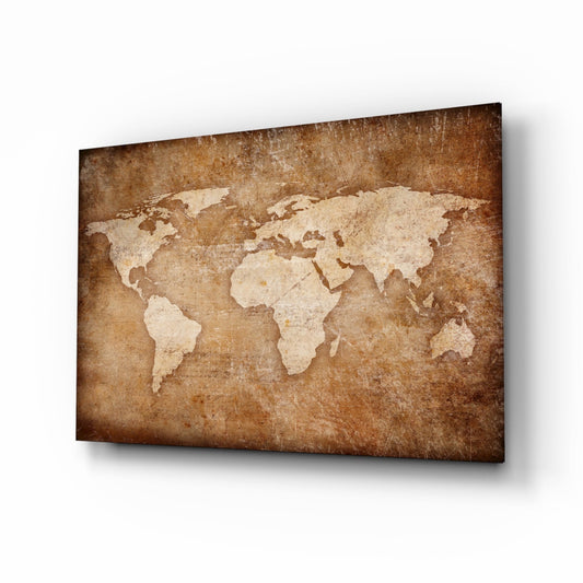 Rustic Brown Parchment World Map Glass Wall Art
