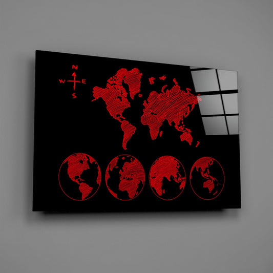 Red Sketch World Map and Globes Glass Wall Art