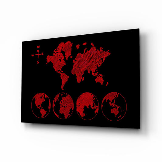 Red Sketch World Map and Globes Glass Wall Art