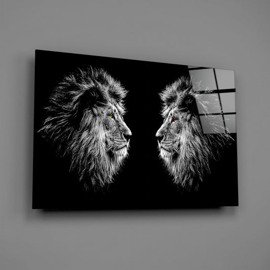 Facing Lions Colored Eyes Glass Wall Art