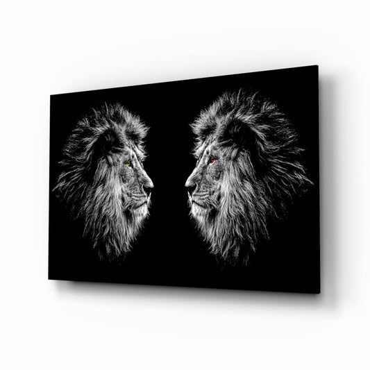 Facing Lions Colored Eyes Glass Wall Art