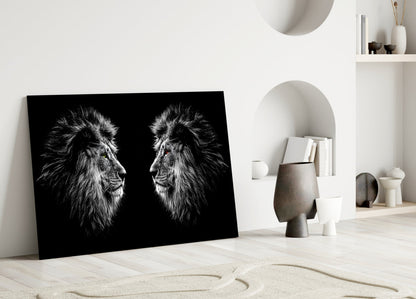 Facing Lions Colored Eyes Glass Wall Art