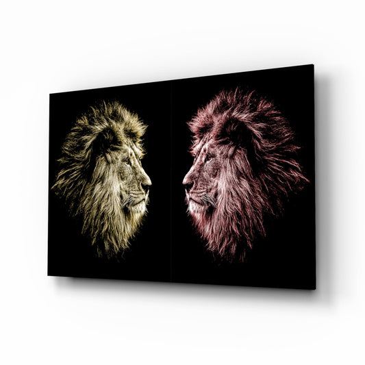 Gold Pink Facing Lions Glass Wall Art
