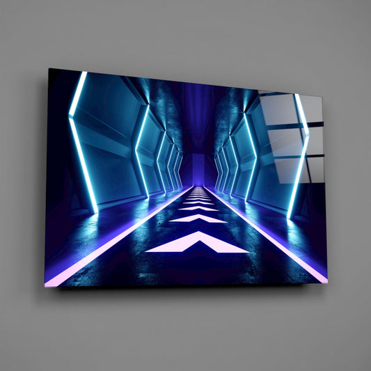 Blue Neon Chevron Corridor Glass Wall Art