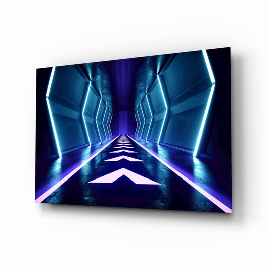 Blue Neon Chevron Corridor Glass Wall Art