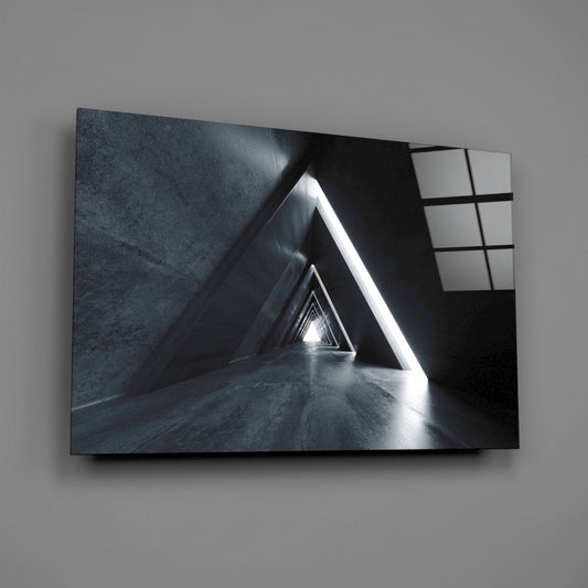 Dark Triangle Corridor With Neon Light Glass Wall Art