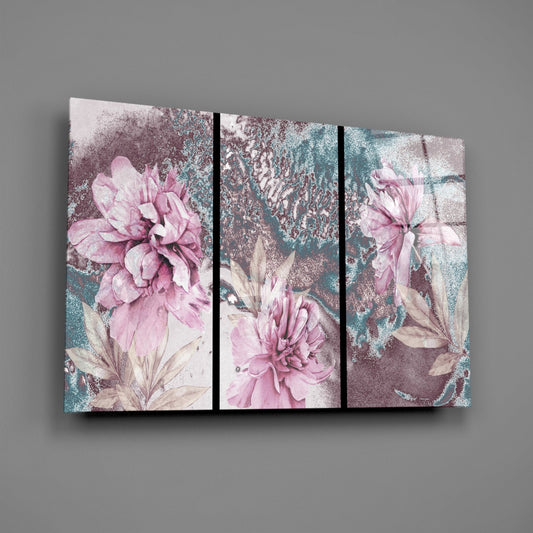 Pink Peony Teal Marble Glass Wall Art