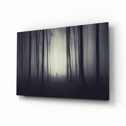 Lone Figure in Dark Misty Woods Glass Wall Art