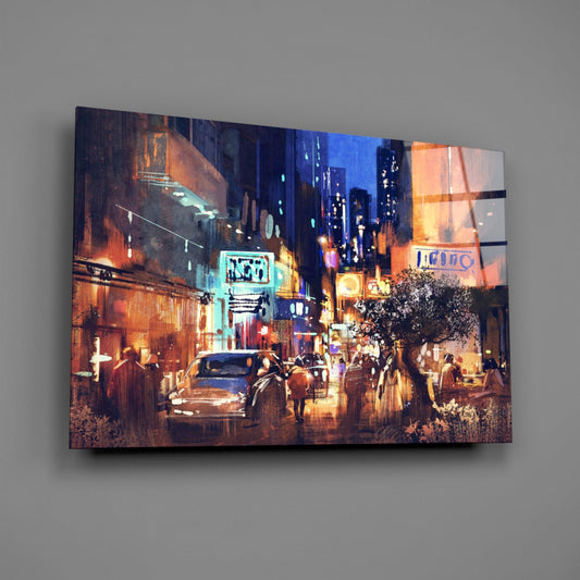 Painted Neon Night Street Scene Glass Wall Art