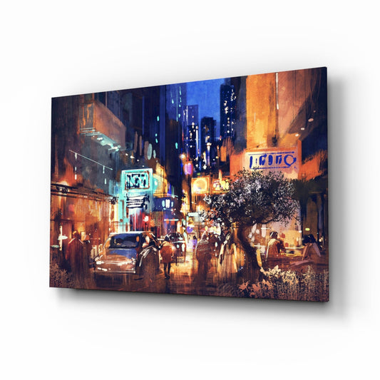 Painted Neon Night Street Scene Glass Wall Art