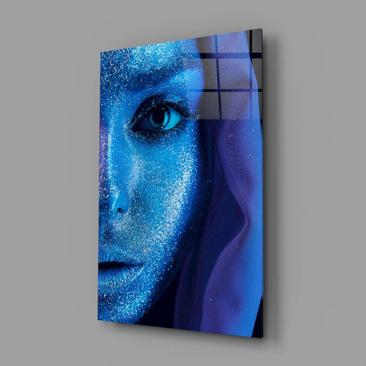 Blue Glitter Veil Woman Glass Wall Art