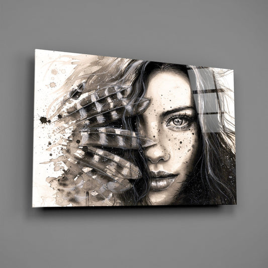 Feather Ink Sketch Woman Glass Wall Art