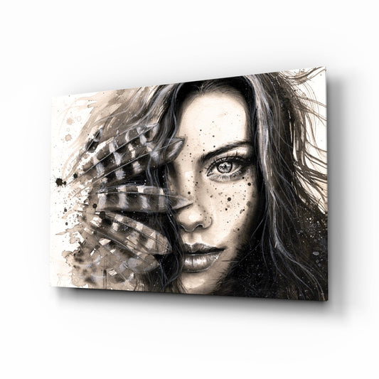 Feather Ink Sketch Woman Glass Wall Art