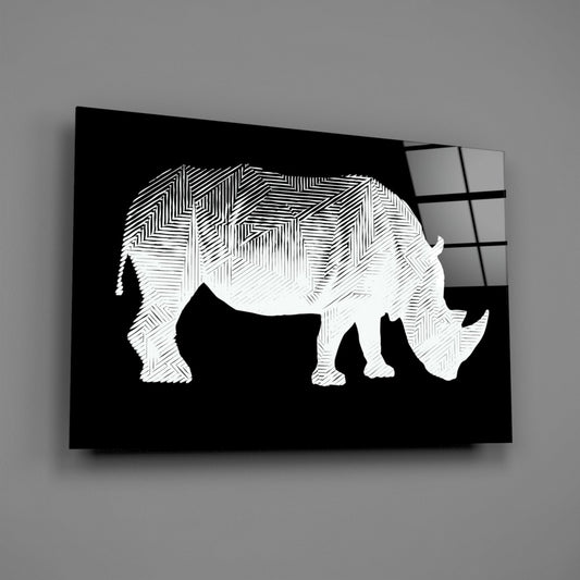 White Line Rhino on Black Glass Wall Art