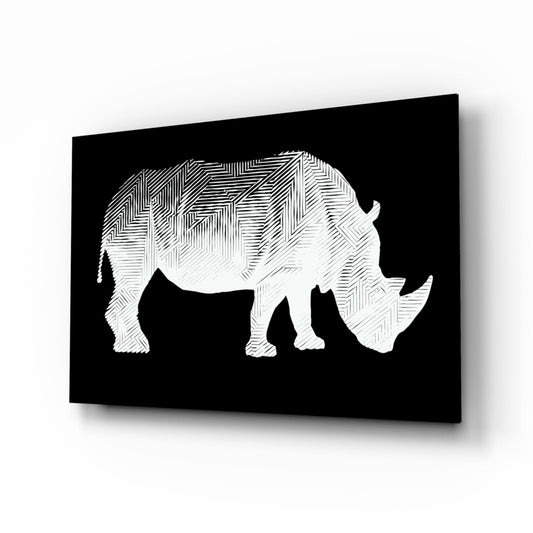 White Line Rhino on Black Glass Wall Art