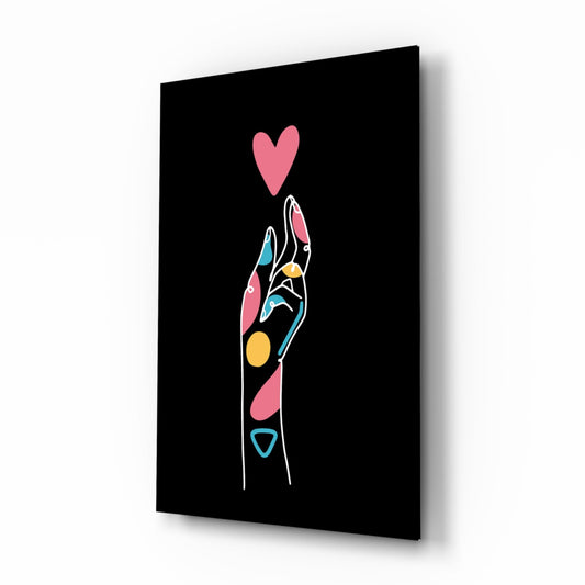 Pink Heart Reaching Line Art Hand Glass Wall Art
