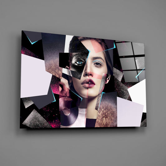 Pink Glitter Shard Collage Woman Face Glass Wall Art