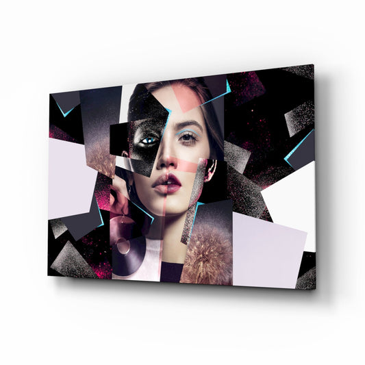 Pink Glitter Shard Collage Woman Face Glass Wall Art