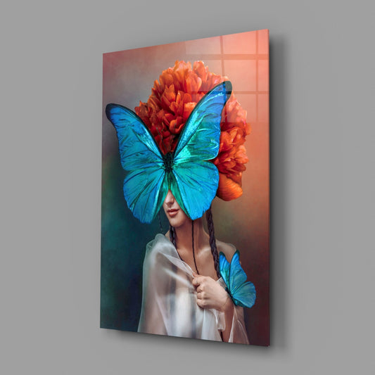Blue Butterfly Mask Orange Peony Glass Wall Art