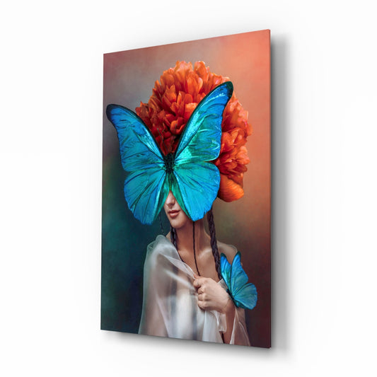 Blue Butterfly Mask Orange Peony Glass Wall Art