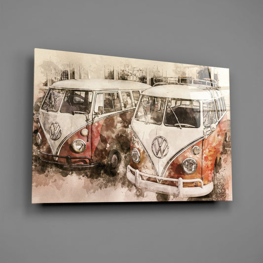 Watercolor Vintage Camper Vans Glass Wall Art