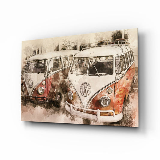 Watercolor Vintage Camper Vans Glass Wall Art