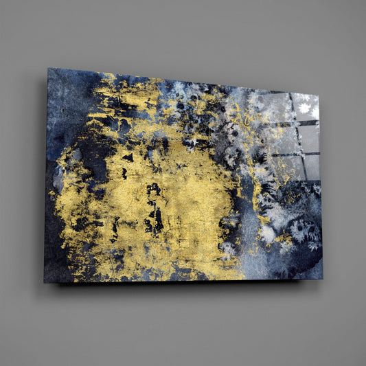 Gold Leaf On Navy Ink Texture Glass Wall Art