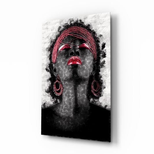 Red Headwrap Woman Ink Splatter Glass Wall Art