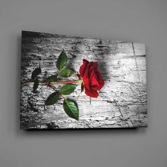 Single Red Rose on Weathered Wood Glass Wall Art