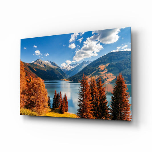 Autumn Alpine Lake Valley Glass Wall Art