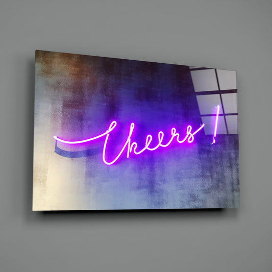 Purple Neon Cheers Script Sign Glass Wall Art