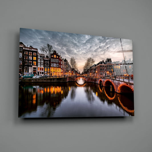Illuminated Canal Bridge Dusk Glass Wall Art