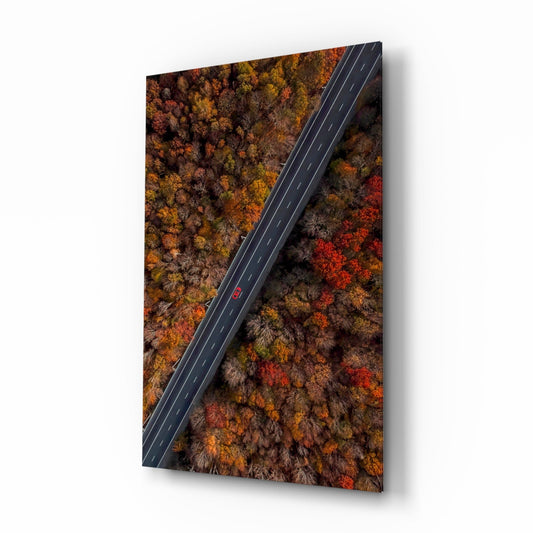Aerial Autumn Forest Road Red Car Glass Wall Art