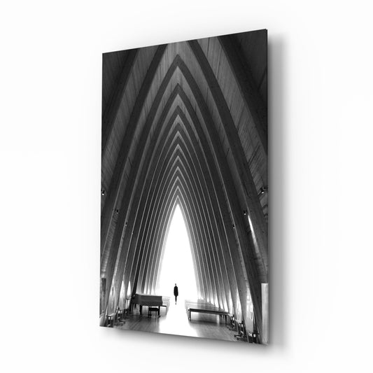 Black and White Arched Chapel Corridor Glass Wall Art