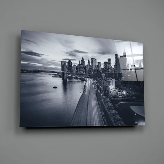 Monochrome City Skyline Bridge Dusk Glass Wall Art