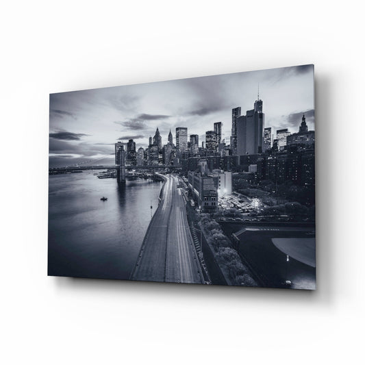 Monochrome City Skyline Bridge Dusk Glass Wall Art