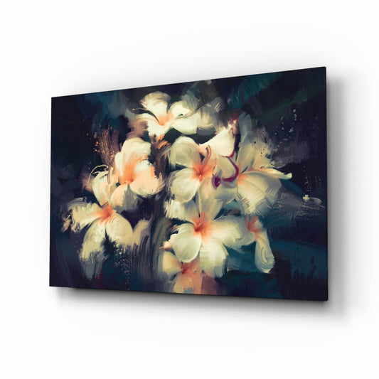 Painterly White Plumeria Glass Wall Art
