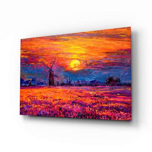 Windmill Purple Field Sunset Glass Wall Art