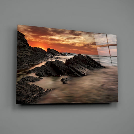 Fiery Sunset Rocky Coast Waves Glass Wall Art