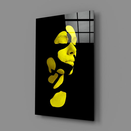 Yellow Fragmented Face on Black Glass Wall Art