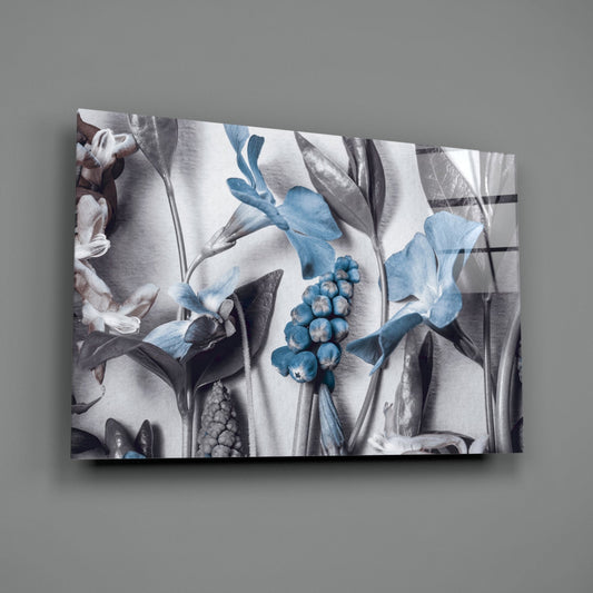 Blue Blooms Gray Botanical Study Glass Wall Art