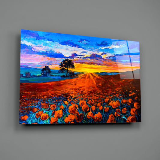 Radiant Sunburst Poppy Meadow Glass Wall Art