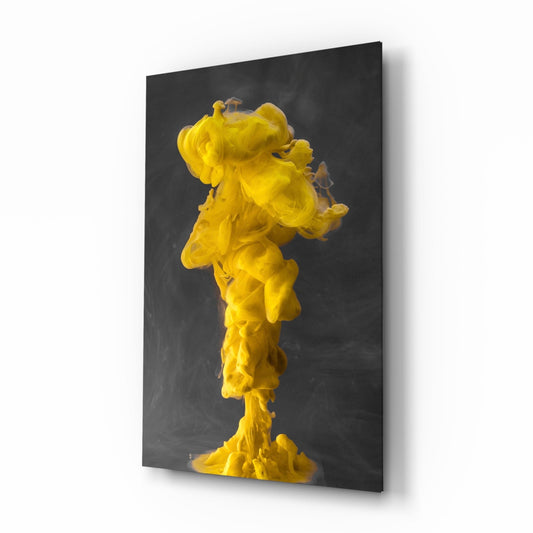 Yellow Ink Plume In Gray Water Glass Wall Art