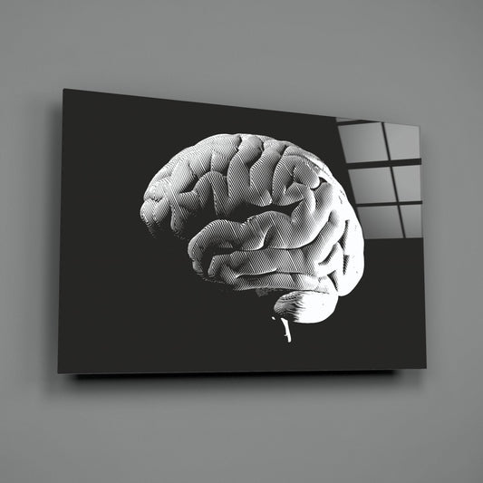 Engraved White Brain on Black Glass Wall Art