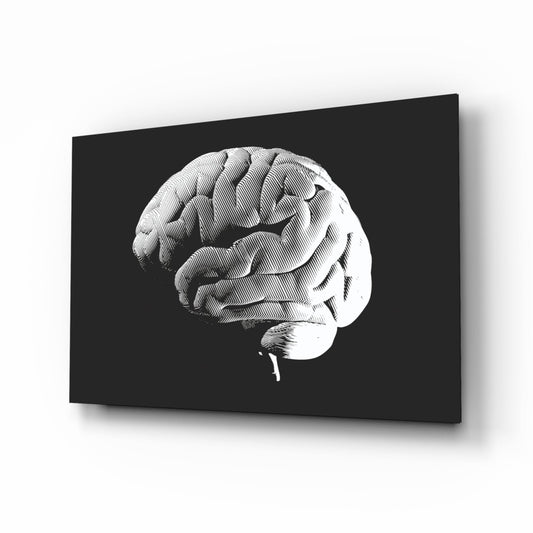 Engraved White Brain on Black Glass Wall Art
