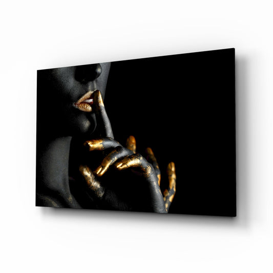 Gold Lips Hush Gesture on Black Panel Glass Wall Art