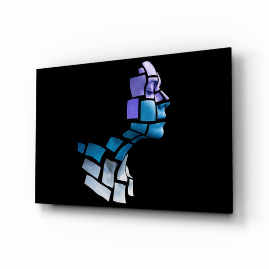 Blue Cube Mosaic Face Profile Glass Wall Art
